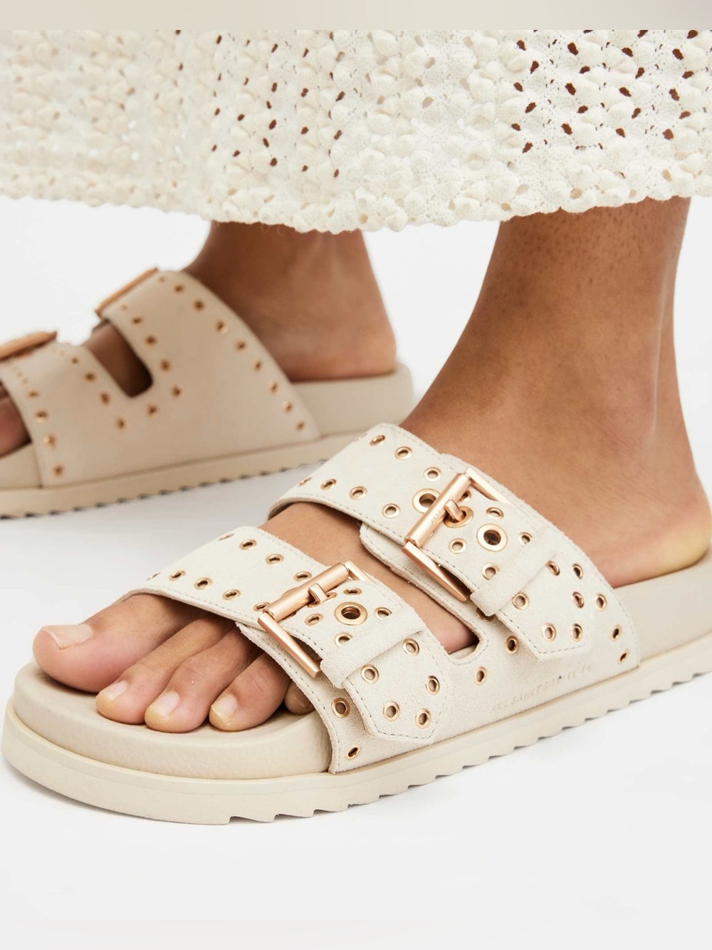 All saints KHAI TWO STRAP SUEDE EYELET SANDALS - Picture 2 of 6